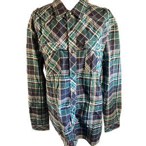 No Retreat Shirt Womens Size Large Blue Green Flannel Plaid